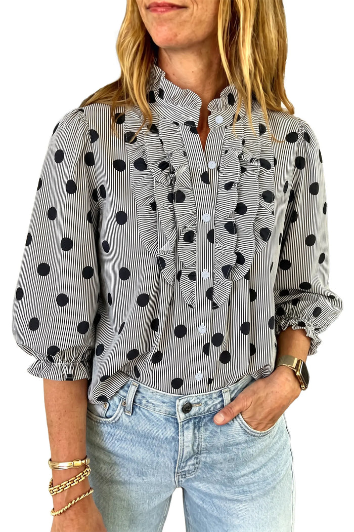 Polka Dot Striped Print Ruffle Stand Neck 3/4 Sleeve Shift Shirt – Black White