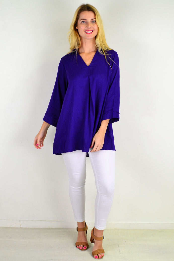 Purple pocket linen cotton tunic top by Ruby Rain, showing relaxed fit and detailed pocket design on lightweight fabric.