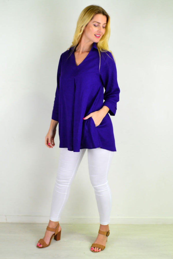 Purple linen and cotton tunic top by Ruby Rain with pocket detail, lightweight and casual for comfortable everyday wear.