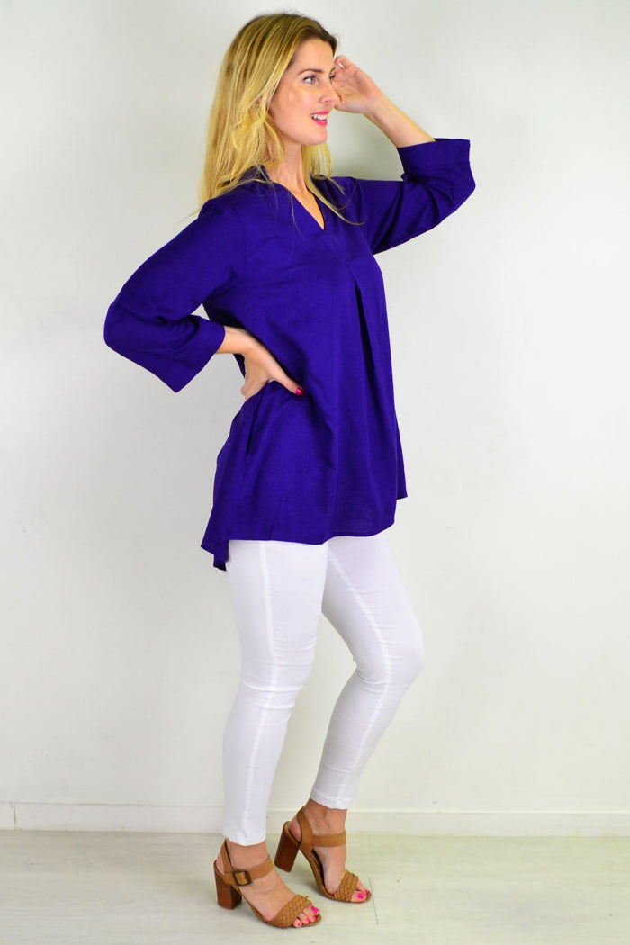 Purple Pocket Linen Cotton Tunic Top by Ruby Rain, featuring a relaxed fit, short sleeves, and front pocket detail.