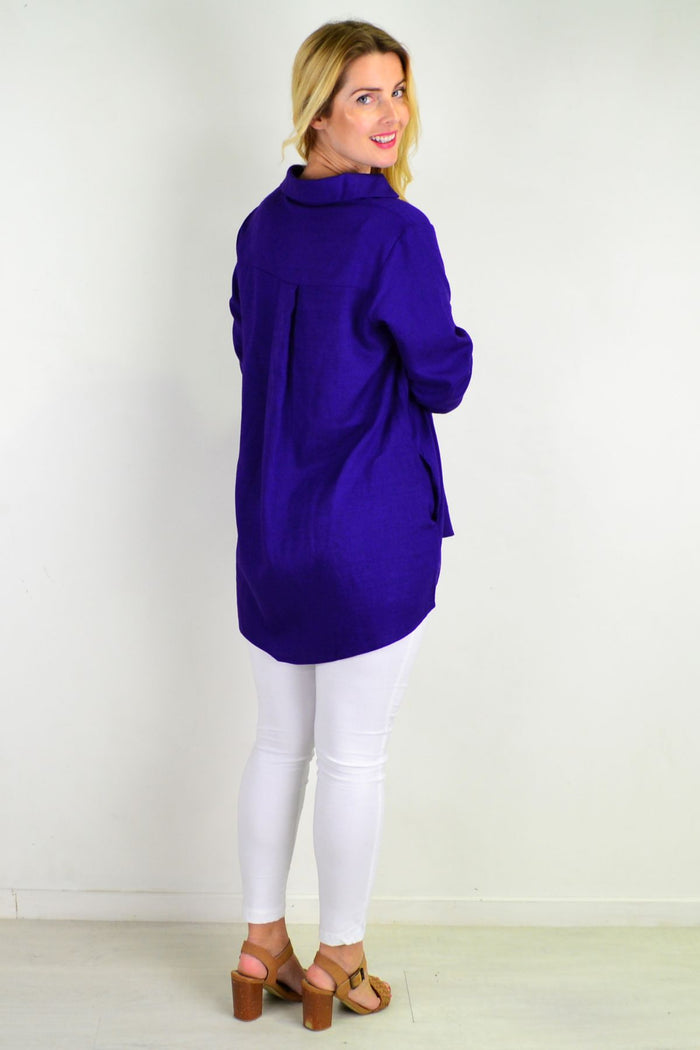 Purple linen cotton tunic top by Ruby Rain, featuring a relaxed fit with pockets and a vibrant purple color.