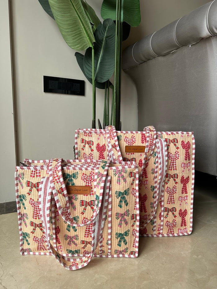 Quilted Tote Bags- Peach Bows