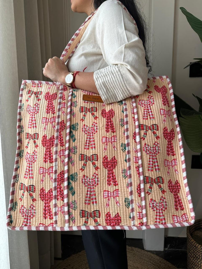 Quilted Tote Bags- Peach Bows