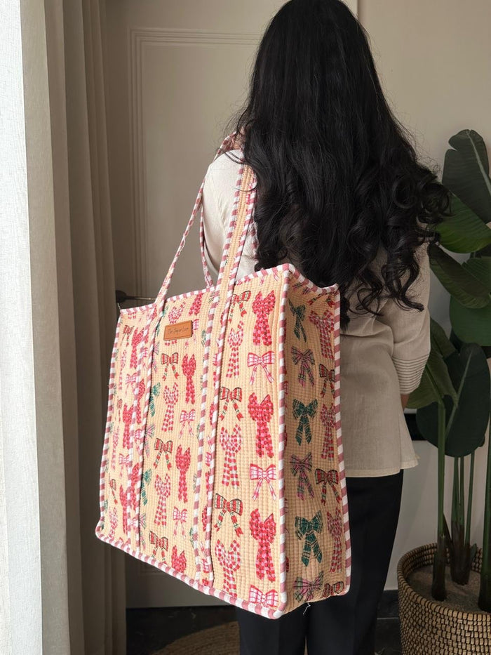 Quilted Tote Bags- Peach Bows