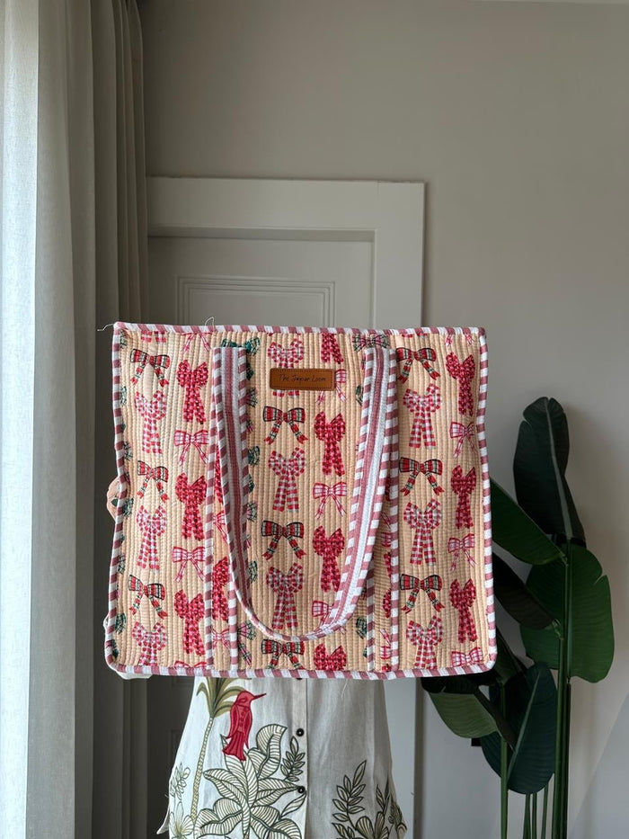 Quilted Tote Bags- Peach Bows