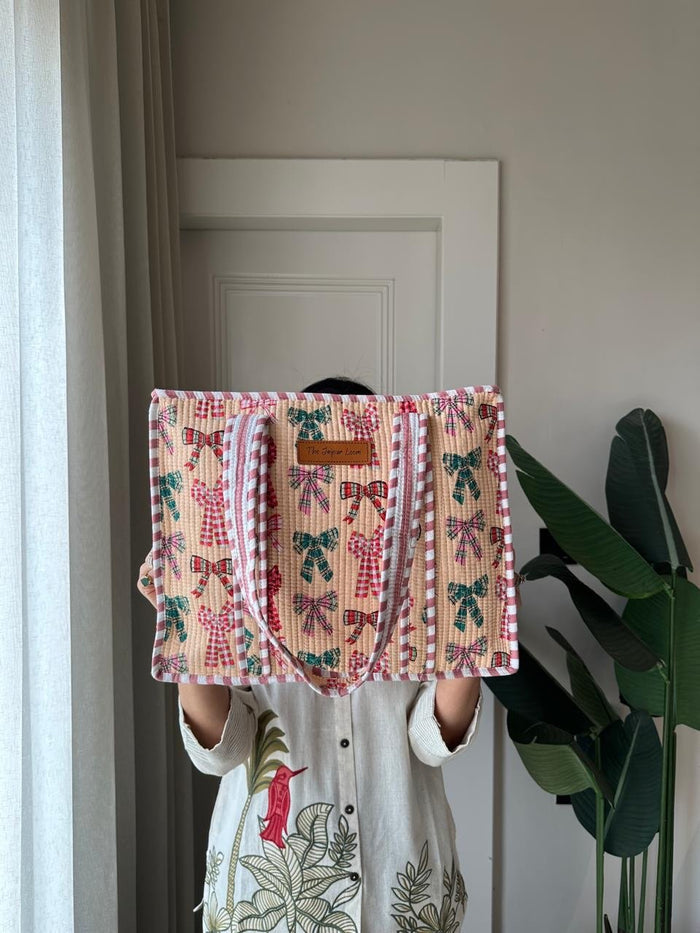 Quilted Tote Bags- Peach Bows
