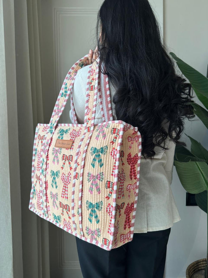Quilted Tote Bags- Peach Bows