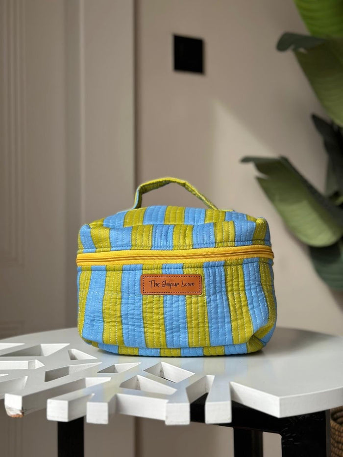 Quilted Vanity Bag- Green Blue Stripes