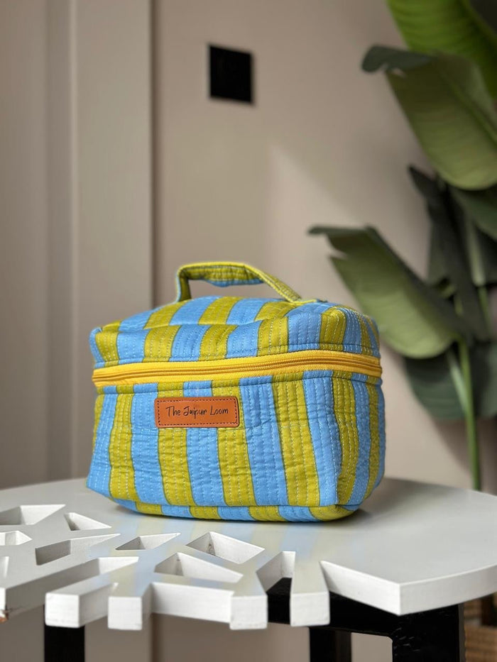 Quilted Vanity Bag- Green Blue Stripes