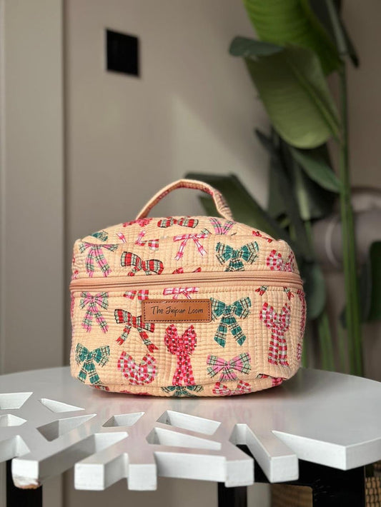 Quilted Vanity Bag- Peach Bows