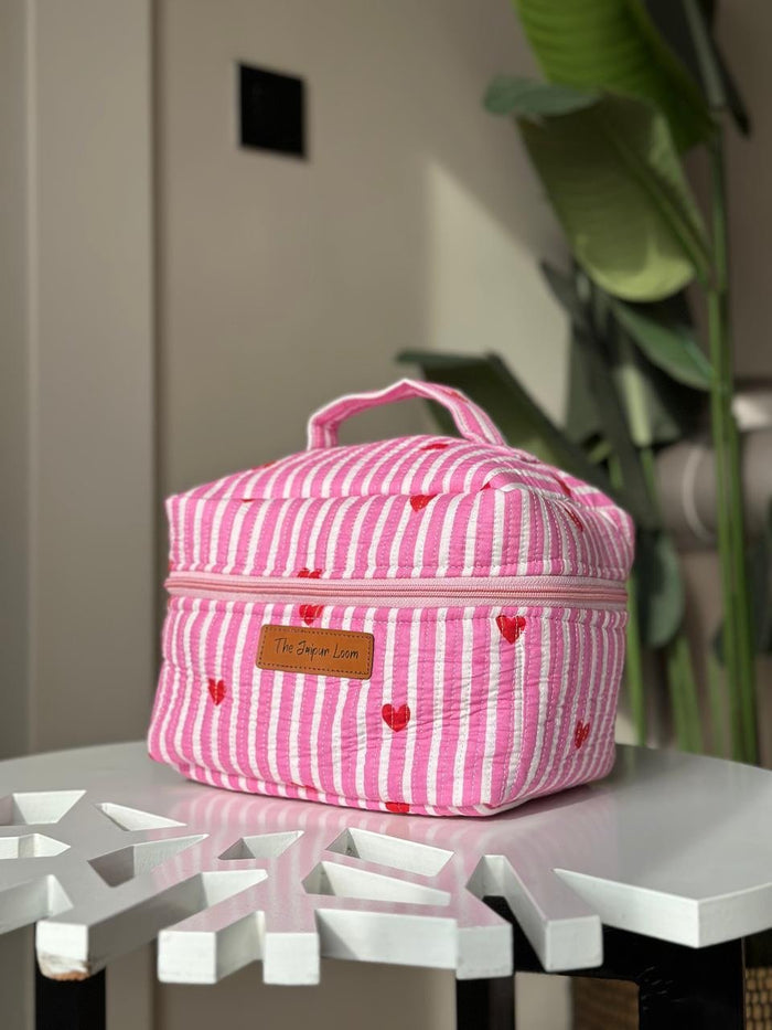 Quilted Vanity Bag- Pink Stripes