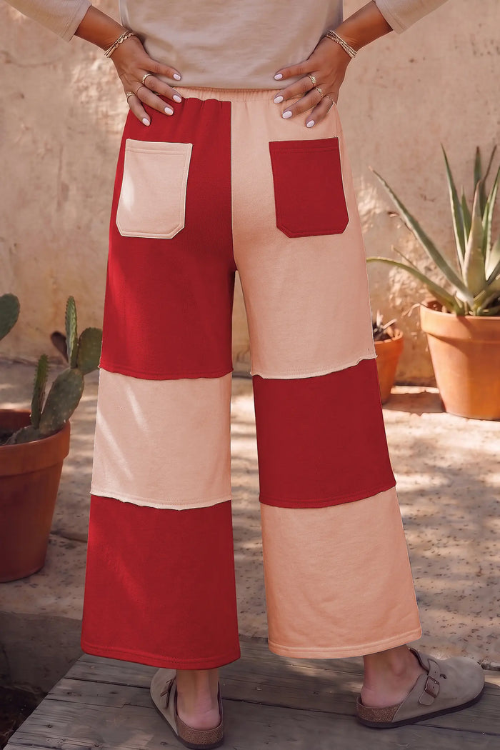 Raw Seam Colorblock Wide Leg Ankle Length Casual Pants – Fiery Red
