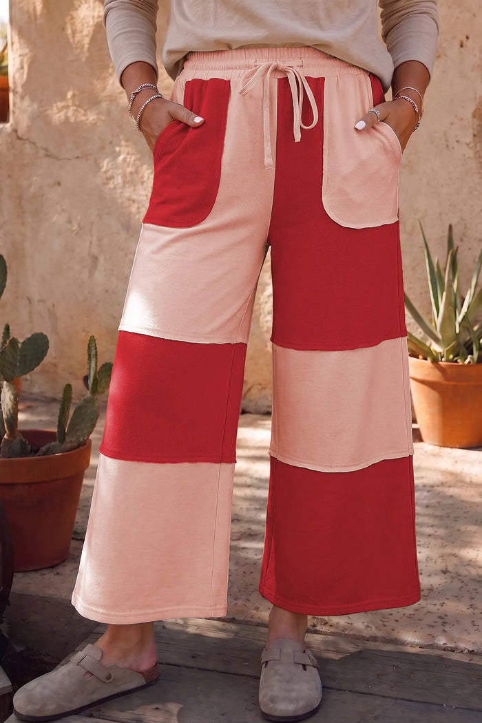 Raw Seam Colorblock Wide Leg Ankle Length Casual Pants – Fiery Red