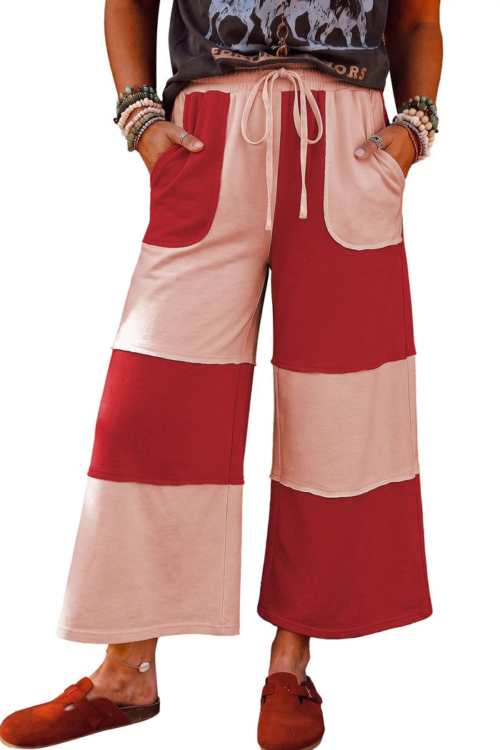 Raw Seam Colorblock Wide Leg Ankle Length Casual Pants – Fiery Red