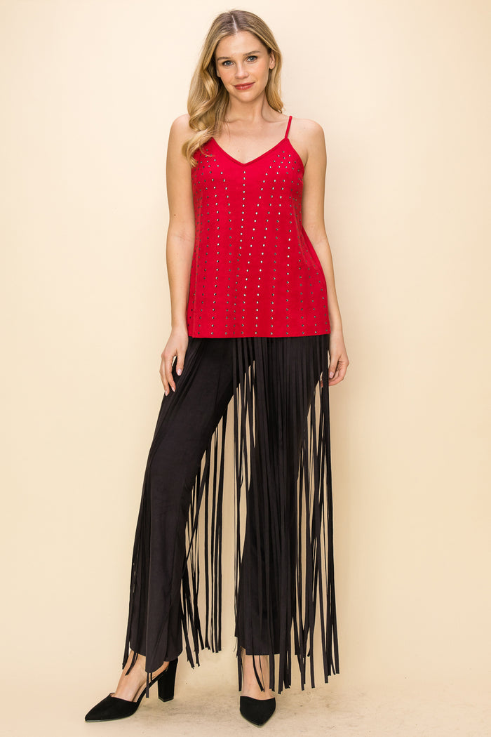 Red suede-look cami top with adjustable straps and sparkling crystal embellishments across the front.