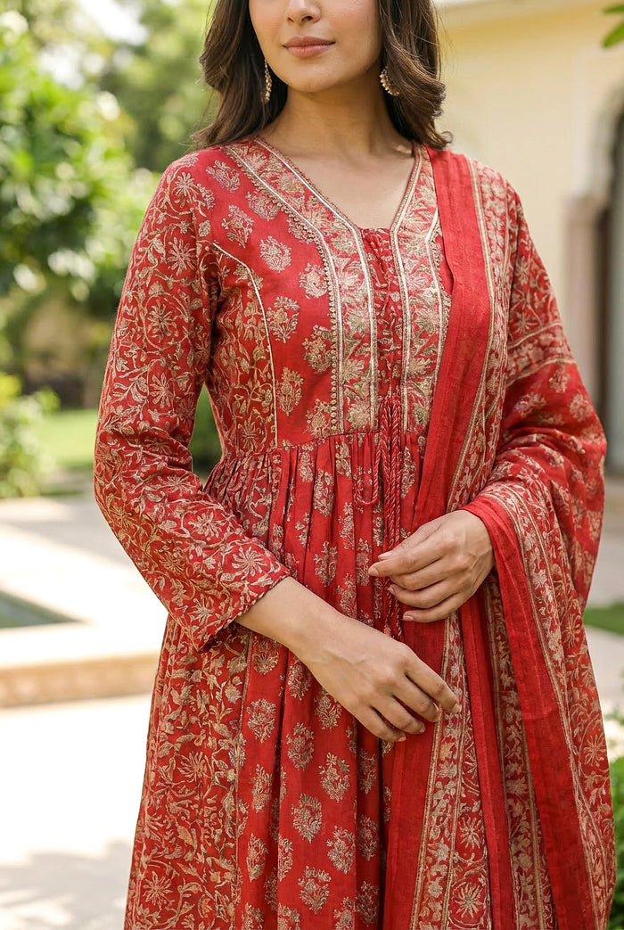 Red Floral Printed Anarkali Kurta Set with Dupatta