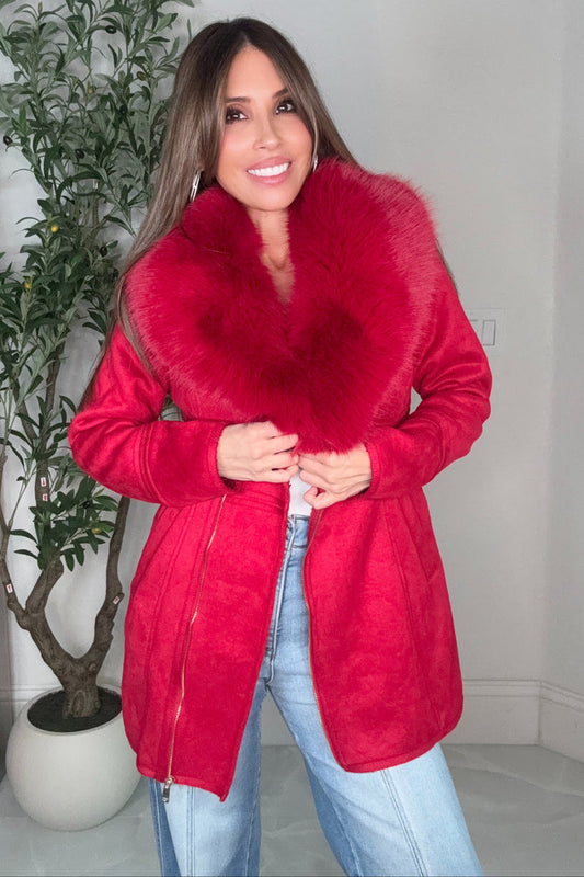 Red Luxe Faux Fur-Collar Tailored Coat - Born To Glam