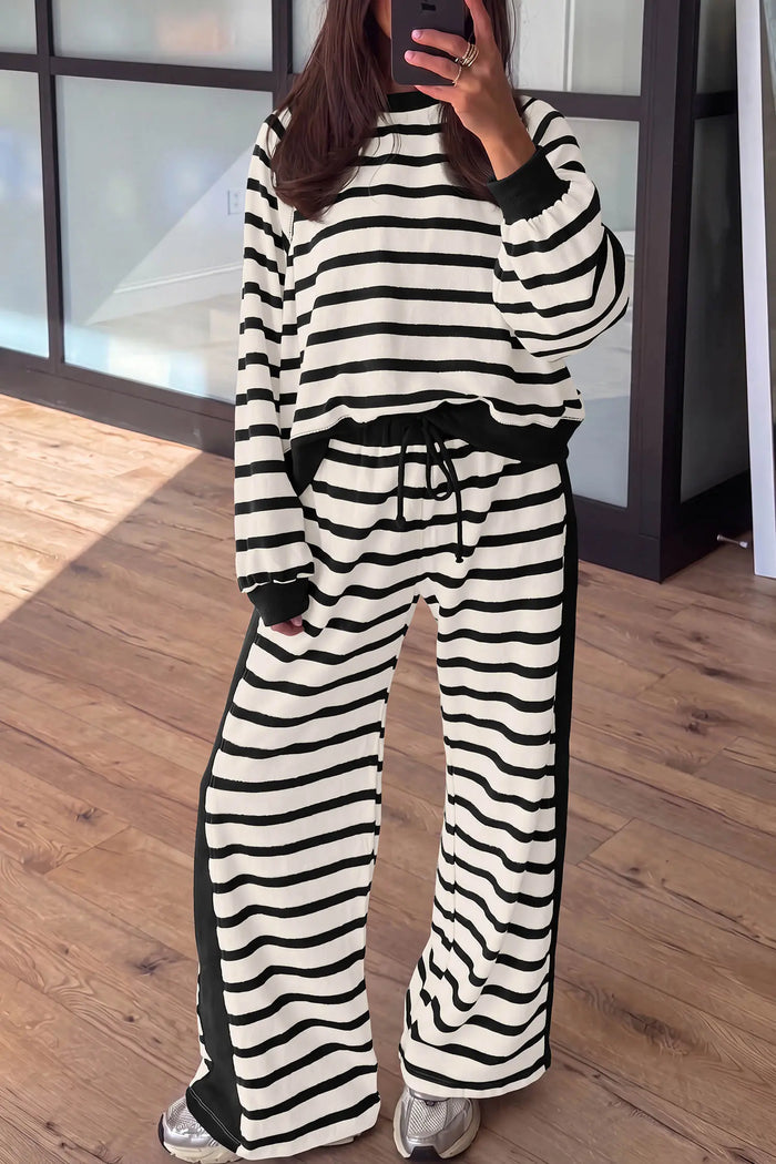 Relaxed Long Sleeve Top Color Block Detail Drawstring Pant Set – Beige Stripe
