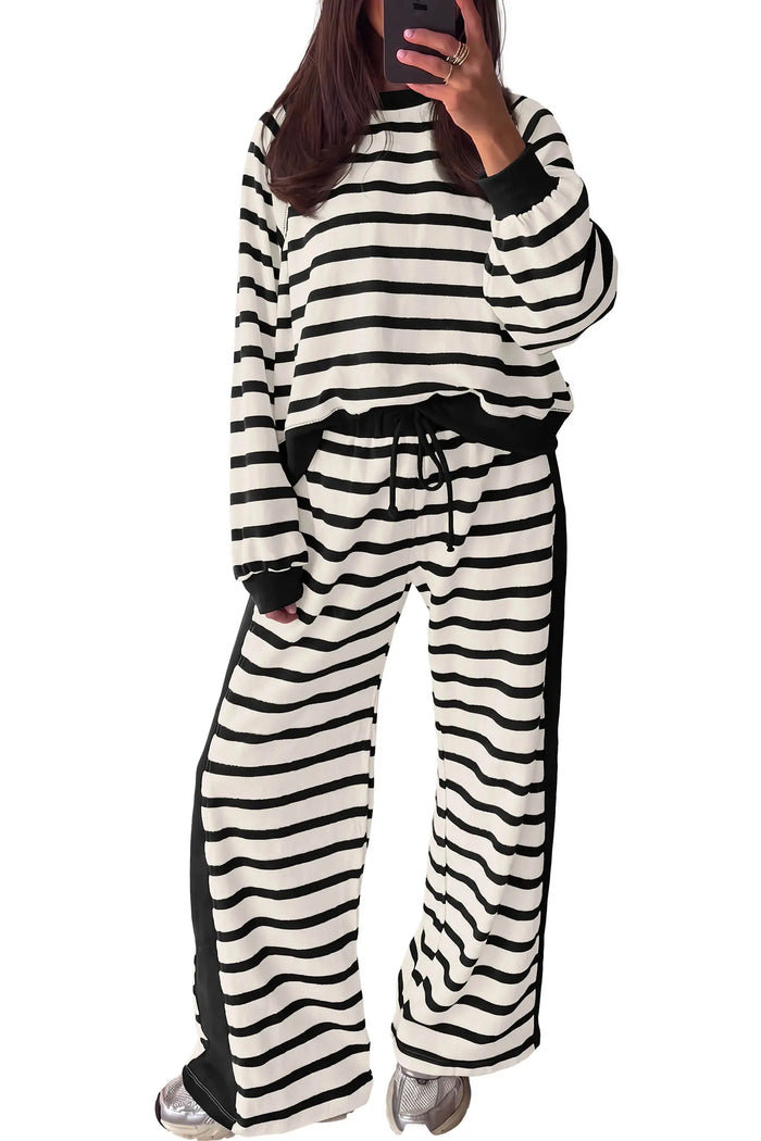 Relaxed Long Sleeve Top Color Block Detail Drawstring Pant Set – Beige Stripe