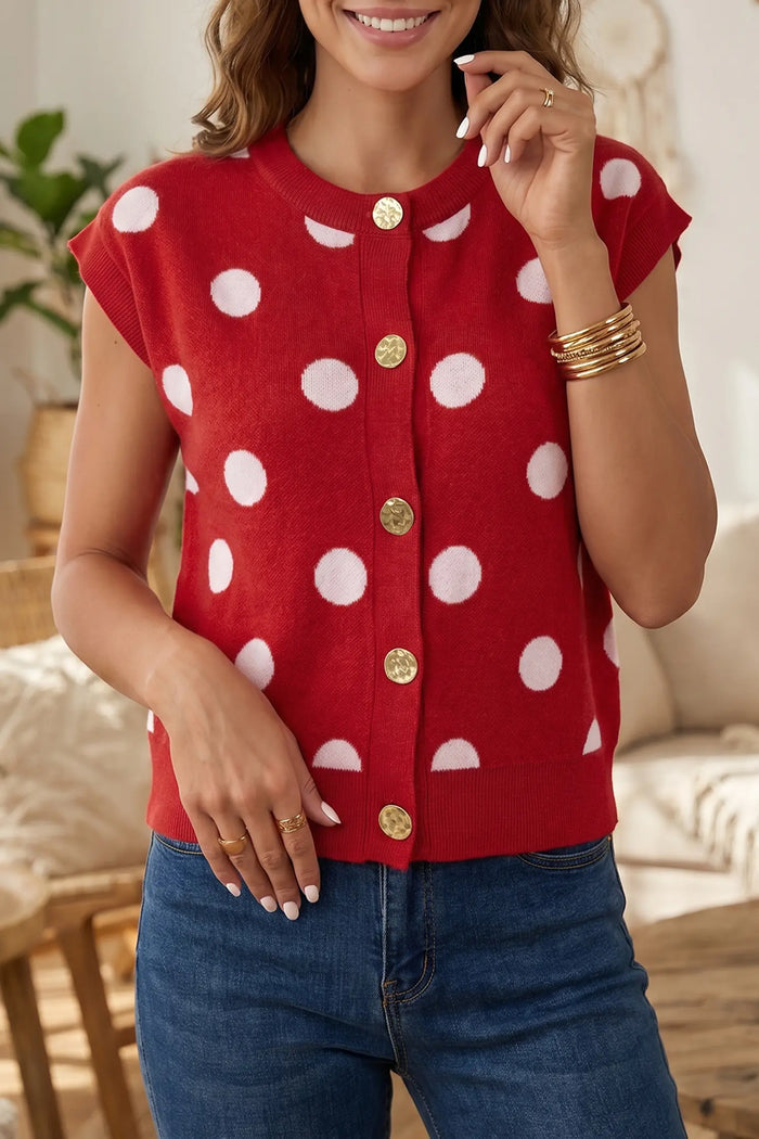 Relaxed Polka Dot Print Decorated Button Sweater Vest – Red