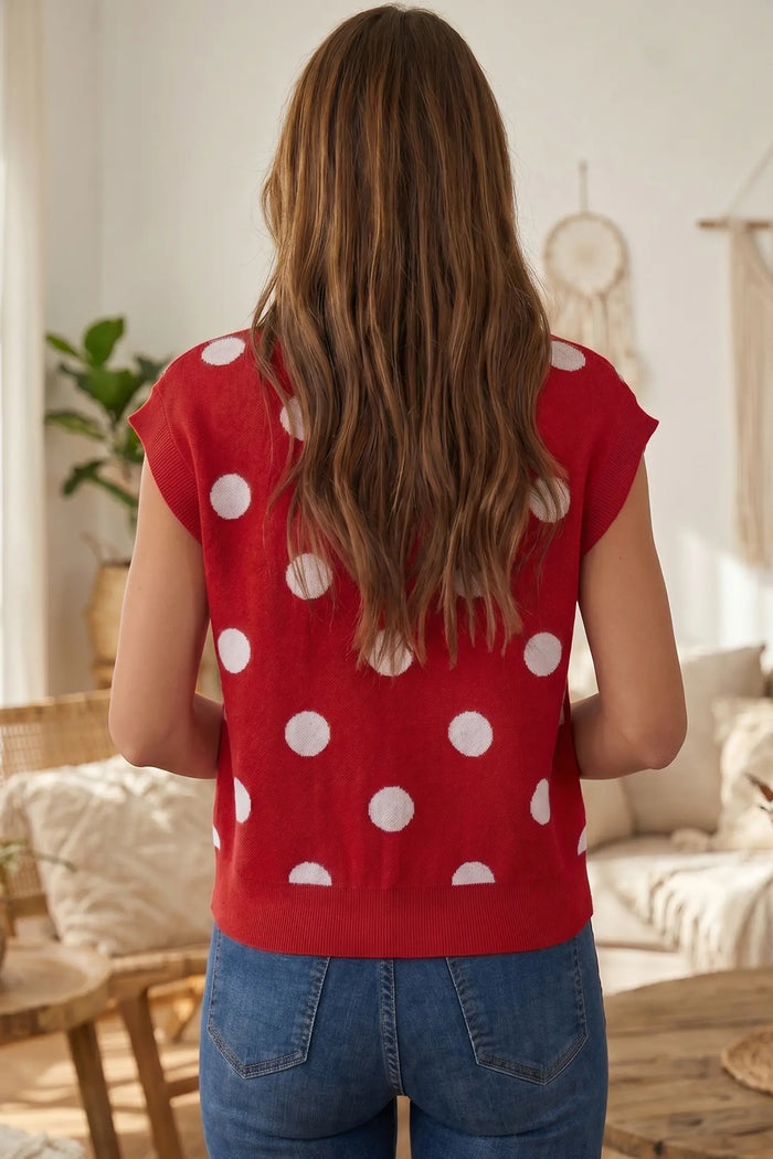 Relaxed Polka Dot Print Decorated Button Sweater Vest – Red