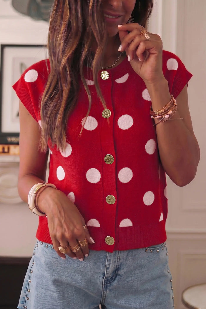 Relaxed Polka Dot Print Decorated Button Sweater Vest – Red