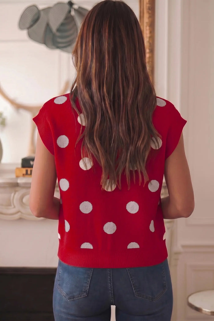 Relaxed Polka Dot Print Decorated Button Sweater Vest – Red
