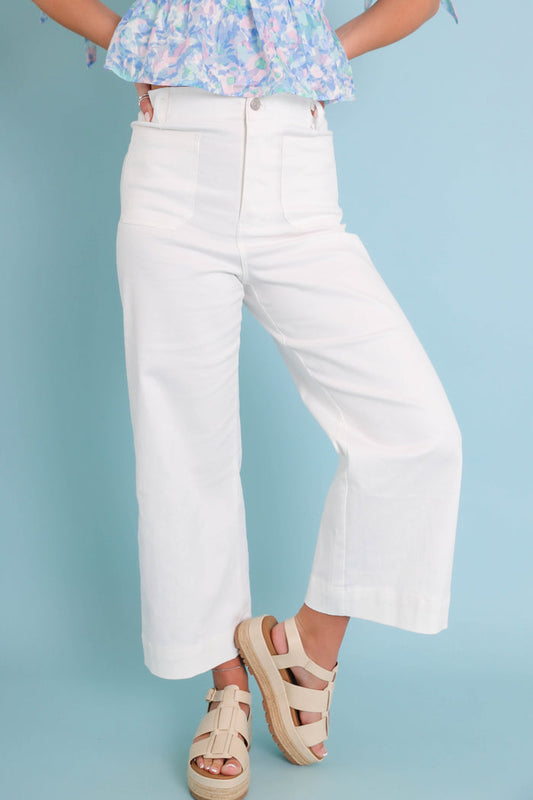 Wide Leg White Denim- Women's Front Pocket Jeans- Trendy Style Jeans