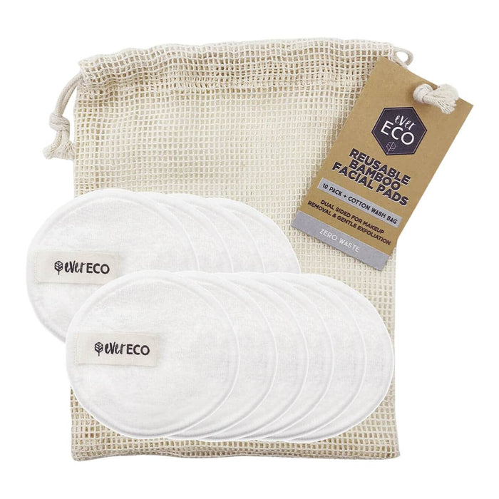 Reusable bamboo facial pads with a drawstring bag and Ever Eco branded tag on a white background.