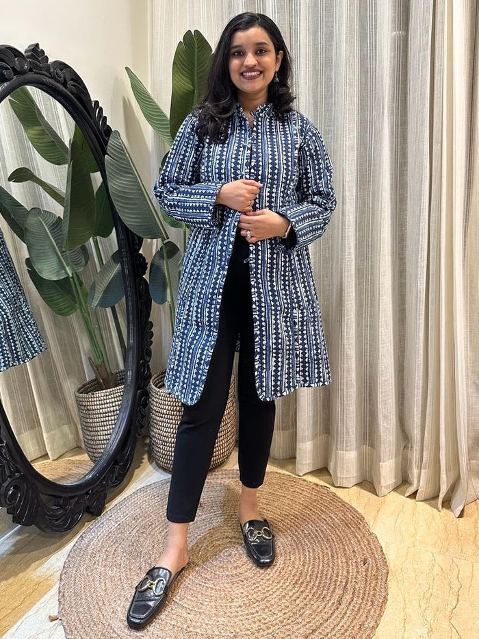 Reversible Quilted Long Jacket- Indigo Boota