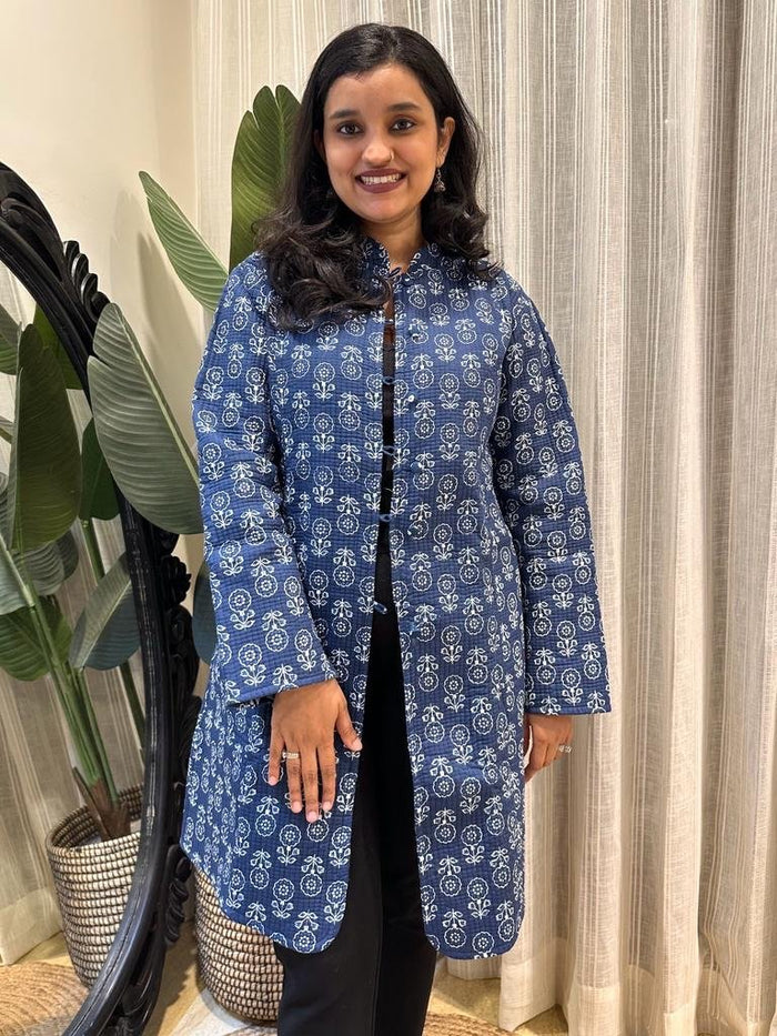 Reversible Quilted Long Jacket- Indigo Boota