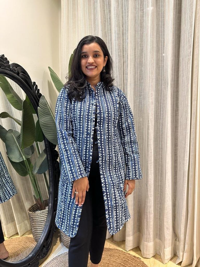 Reversible Quilted Long Jacket- Indigo Boota