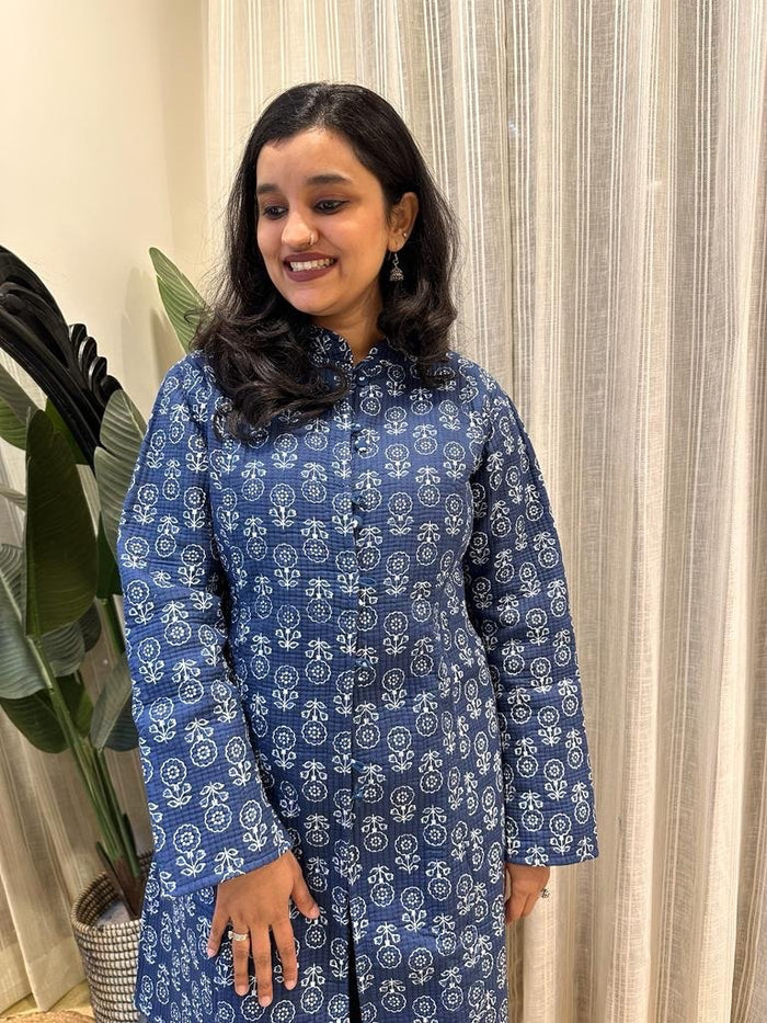 Reversible Quilted Long Jacket- Indigo Boota