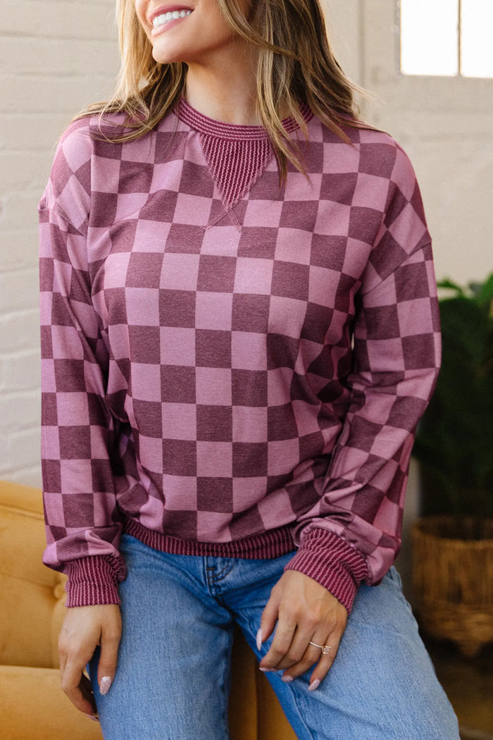 Ribbed Trim Checkered Print Long Sleeve Pullover Top – Red