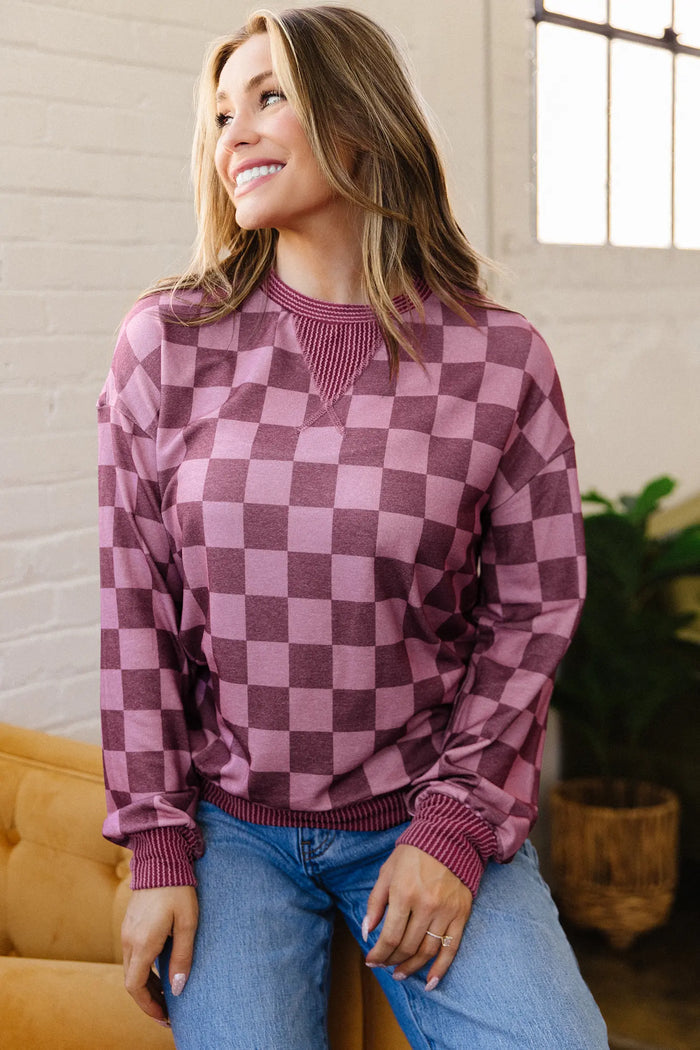 Ribbed Trim Checkered Print Long Sleeve Pullover Top – Red