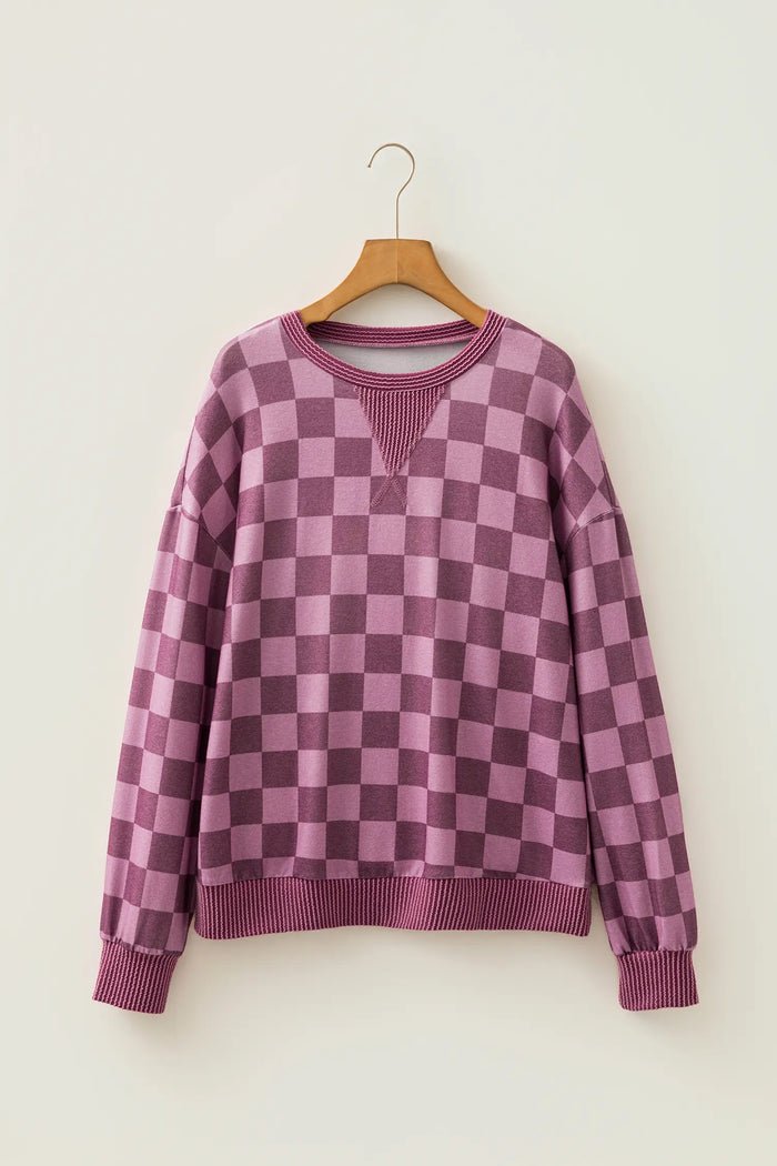 Ribbed Trim Checkered Print Long Sleeve Pullover Top – Red