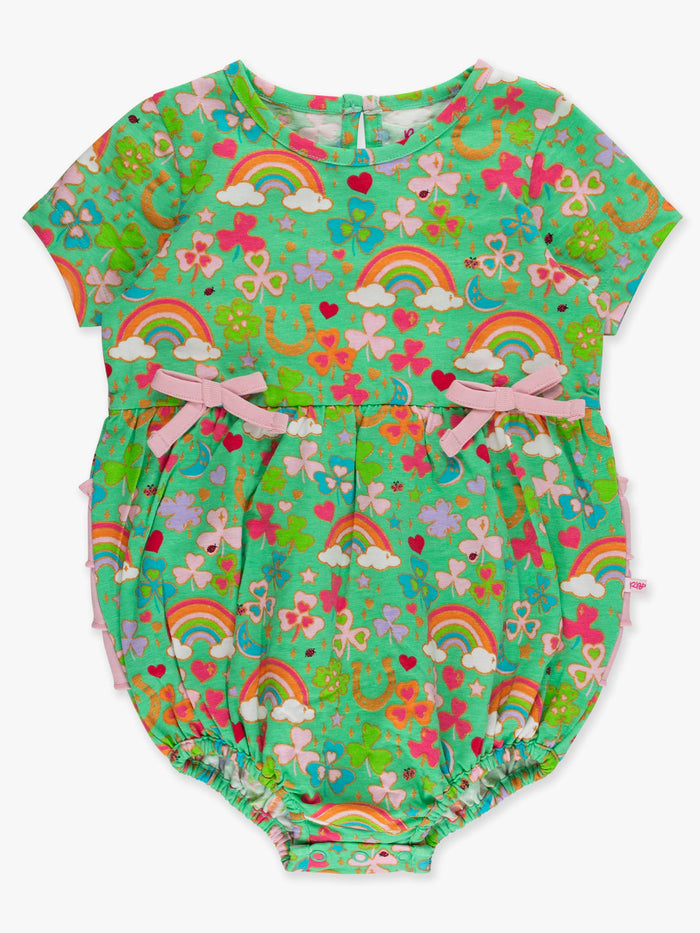 Romper Green Lucky Day Knit Short Sleeve Bow Bubble Baby Girls