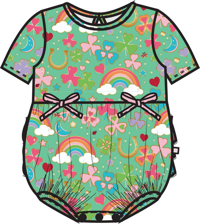 Romper Green Lucky Day Knit Short Sleeve Bow Bubble Baby Girls