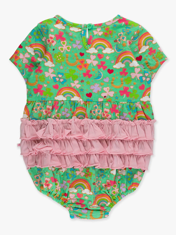 Romper Green Lucky Day Knit Short Sleeve Bow Bubble Baby Girls