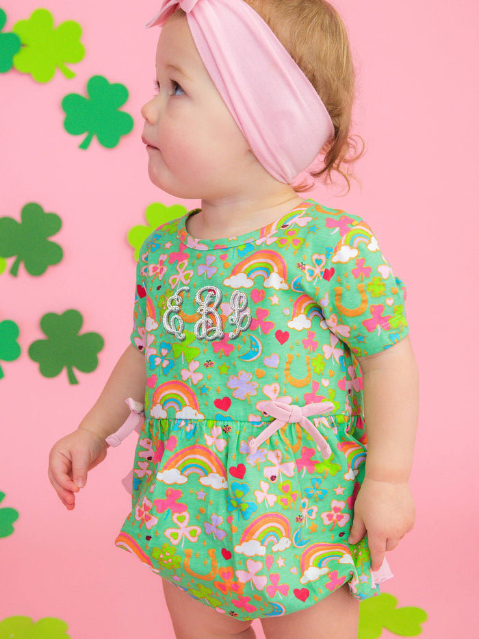Romper Green Lucky Day Knit Short Sleeve Bow Bubble Baby Girls