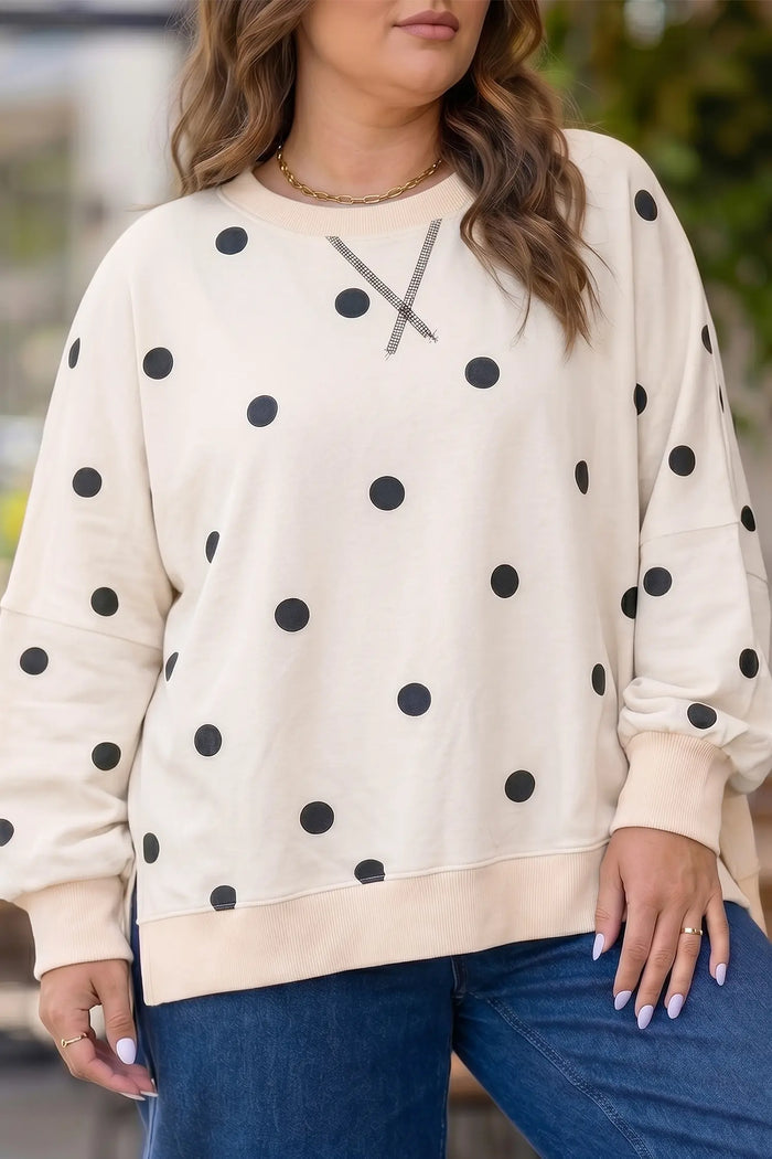 Round Neck Long Sleeve Polka Dot Plus Size Top – Beige
