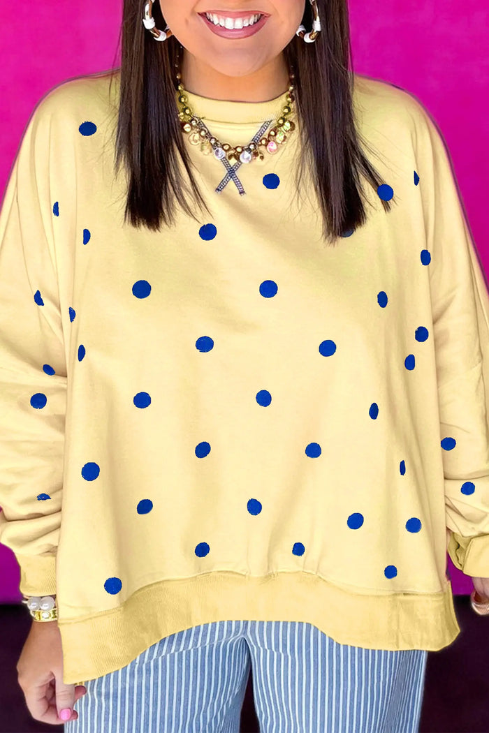 Round Neck Long Sleeve Polka Dot Plus Size Top – Beige