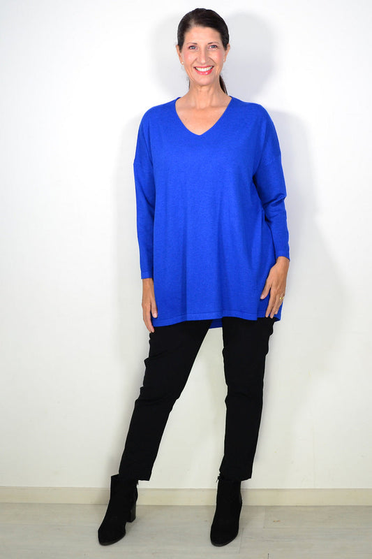 Royal blue wool blend fine knit tunic top by Cali&Co, featuring a cozy, fitted design with long sleeves and a round neckline.