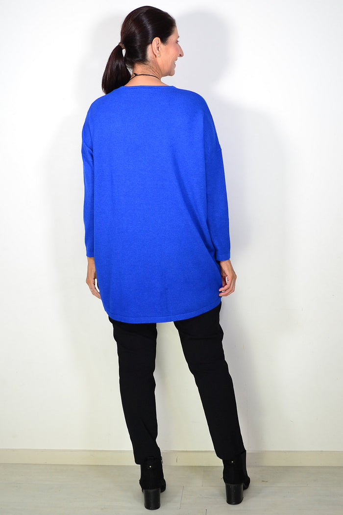 Royal blue wool blend fine knit tunic top from Cali&Co, featuring a comfortable fit and textured knit fabric.