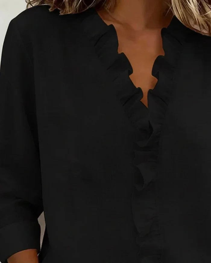 Ruffled V Neck Blouse Relaxed Fit Lightweight Fabric
