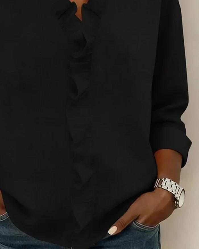 Ruffled V Neck Blouse Relaxed Fit Lightweight Fabric