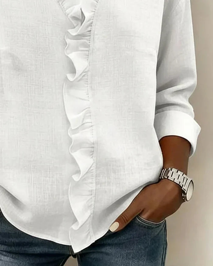 Ruffled V Neck Blouse Relaxed Fit Lightweight Fabric