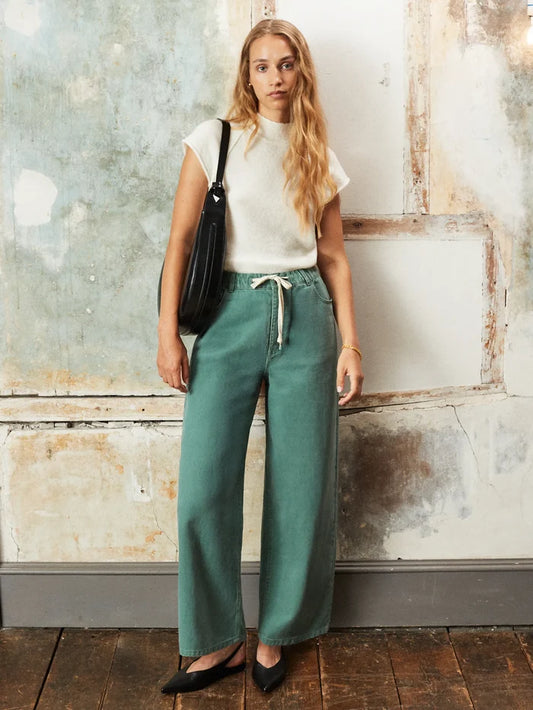 Sage Drawstring-Waist Barrel-Leg Jeans