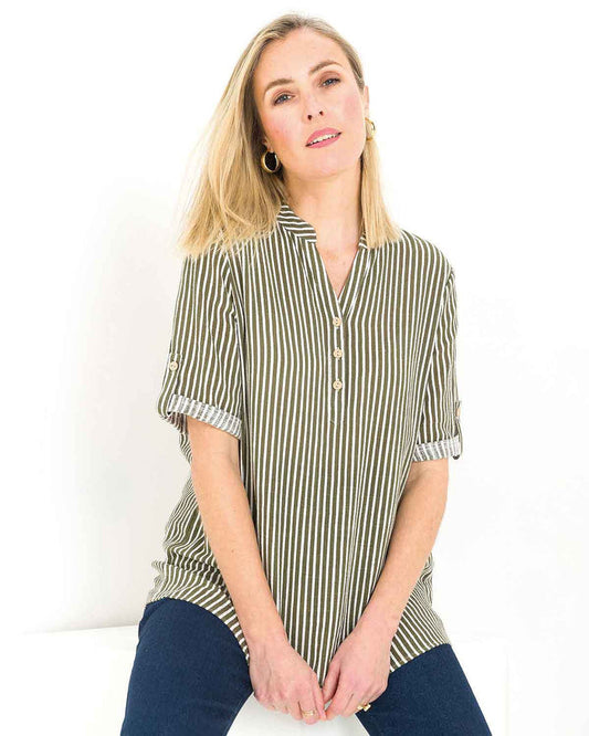 Samantha Striped 3/4 Sleeved Cotton Blouse - Khaki,White - James Meade