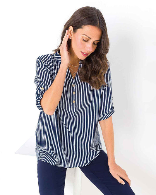 Samantha Striped 3/4 Sleeved Cotton Blouse - Navy,White - James Meade